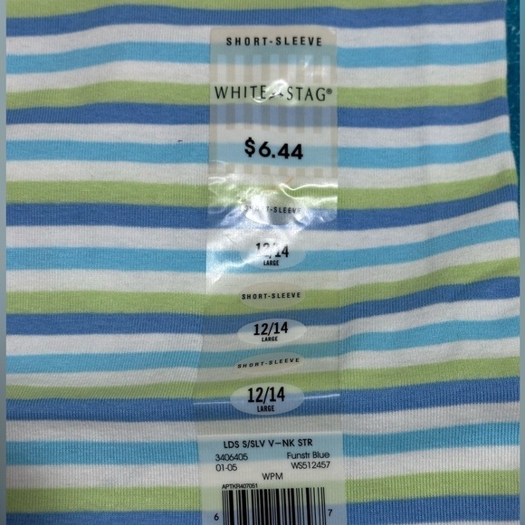 Brand new ladies v-neck White Stag tee, size 12-14 . Purple/blue/green stripes - Picture 3 of 4